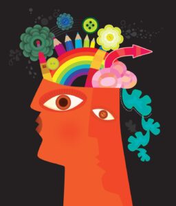 Ilustración cabeza de perfil con elementos creativos saliendo de ella